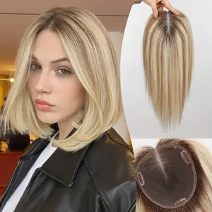 STARLUCK Real Human Hair Toppers 6x5" SilkHug & Swiss Base 60g Blonde Mixed Brown with Dark Brown Roots T4/6/613# for Thinning Hair 14 Inch