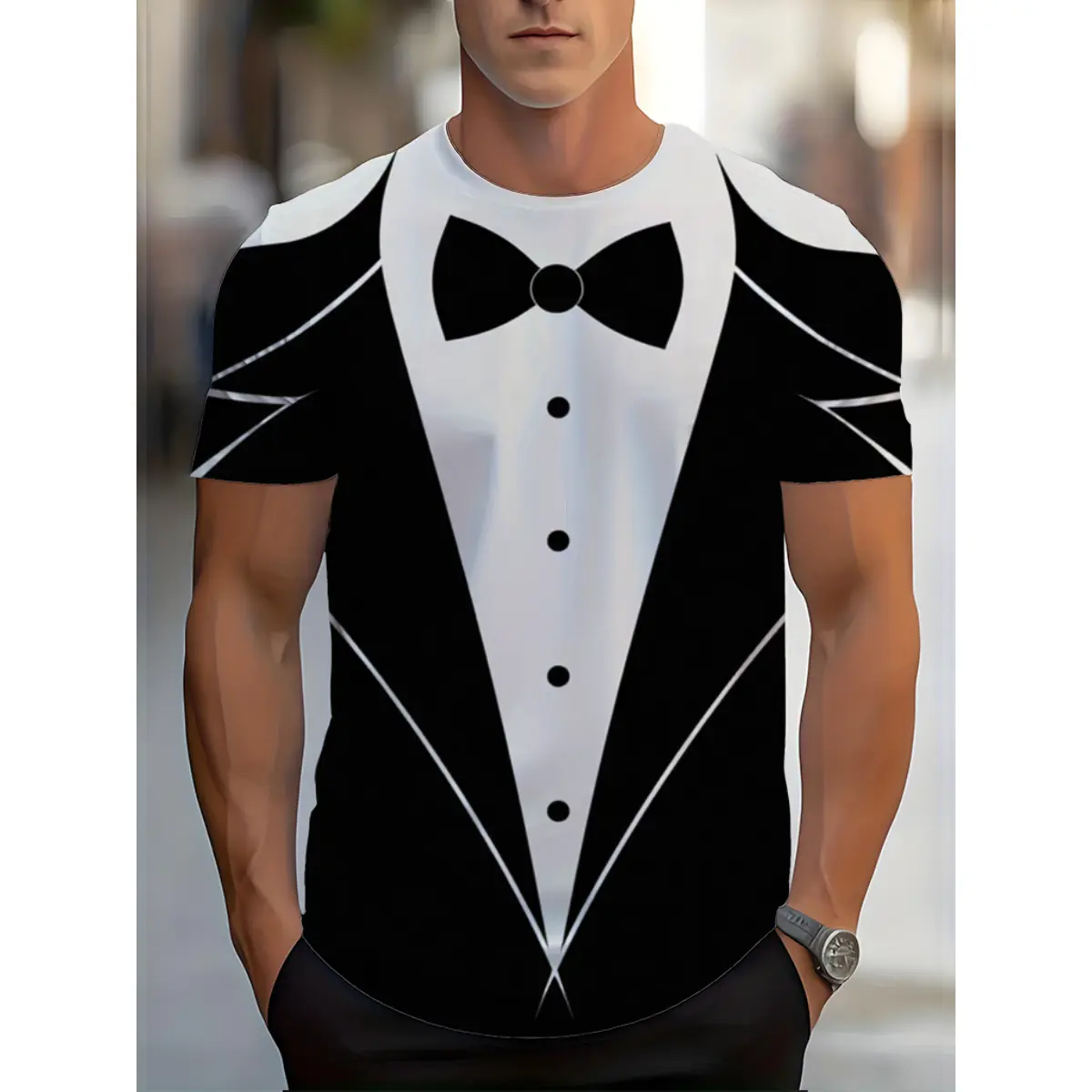 Tuxedo Graphic T-Shirt for Men, Casual Shortsleeve Round Neck Polyester Top, Stylish Novelty Print for Parties and All Seasons