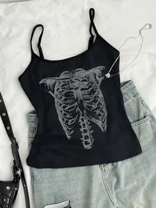 Women's Fitted Tank Top with Skeleton Skull Print, Adjustable Straps, Casual Sleeveless Spaghetti All-Season Wear, Perfect for Daily and Fitness Activities
