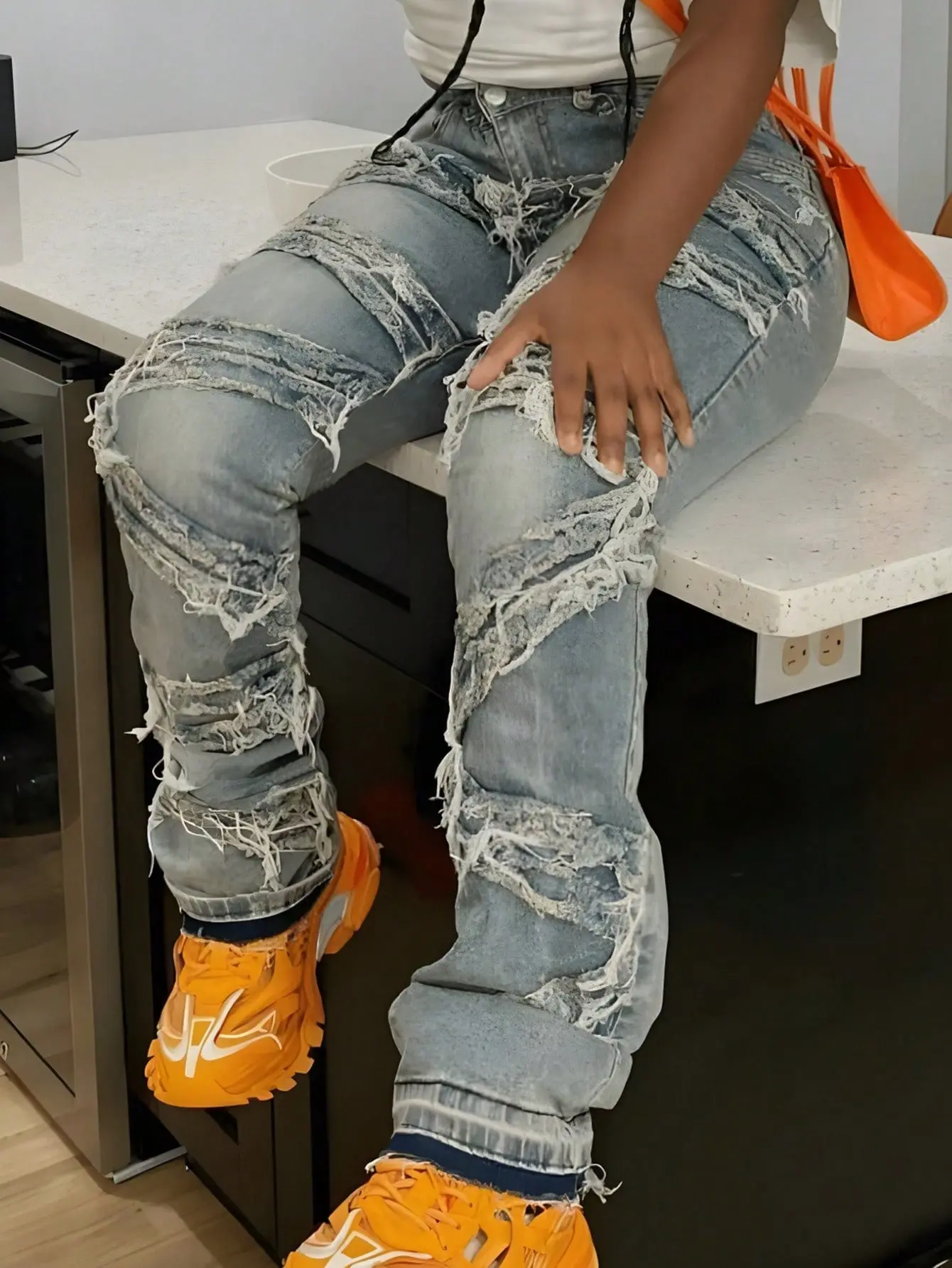 Apperloth Studio Women's High Waist Multi-Layer Frayed Patchwork Distressed Ripped Stacked Jeans, Raw Hem Baggy Straight Leg Denim Pants Trendy Streetwear Denim Trousers for Daily Club Outfit