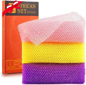 3 Pieces African Bath Sponge Exfoliating Shower Body Scrubber Back Scrubber Skin Smoother,Great for Daily Use (Pink,Yellow,Purple) Personal Set