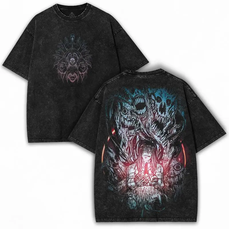Mahito x Jujutsu Kaisen Edition Double Printed Oversize Lightweight Acid Washed Tee Anime Manga Vintage Graphic Design Top Cotton Anime Superheroes Streetwear T-Shirt Clothes Menswear Womenswear.