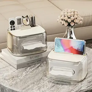 Transparent Desk Tissue Box Dispenser Bin with 4 Storage Functions, Paper Towel Holder, Drawer, Remote Control Storage, Modern Home Office Accessories, Bathroom Organizer