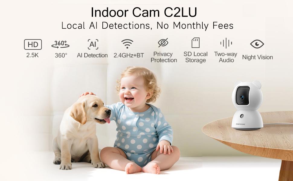 CINMOORE 2.5K Pet/Baby Indoor Security Camera, No Subscription, Person & Pet Detection, PTZ WiFi Baby & Pet Monitor, Full Duplex Two-Way Audio, Color Night Vision, SD Card Local Storage