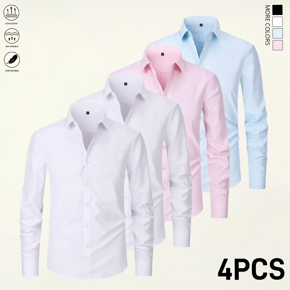 Men's 4-Pack Polyester Long Sleeve Casual Shirts - Turn-Down Collar, Wrinkle-Resistant, No Ironing Needed, Stretch Vertical Rib Texture, Button Closure, Silky Feel, Sweat-Resistant Tops for Office, Travel - Menswear Essentials, Long Sleeves, Business, Col