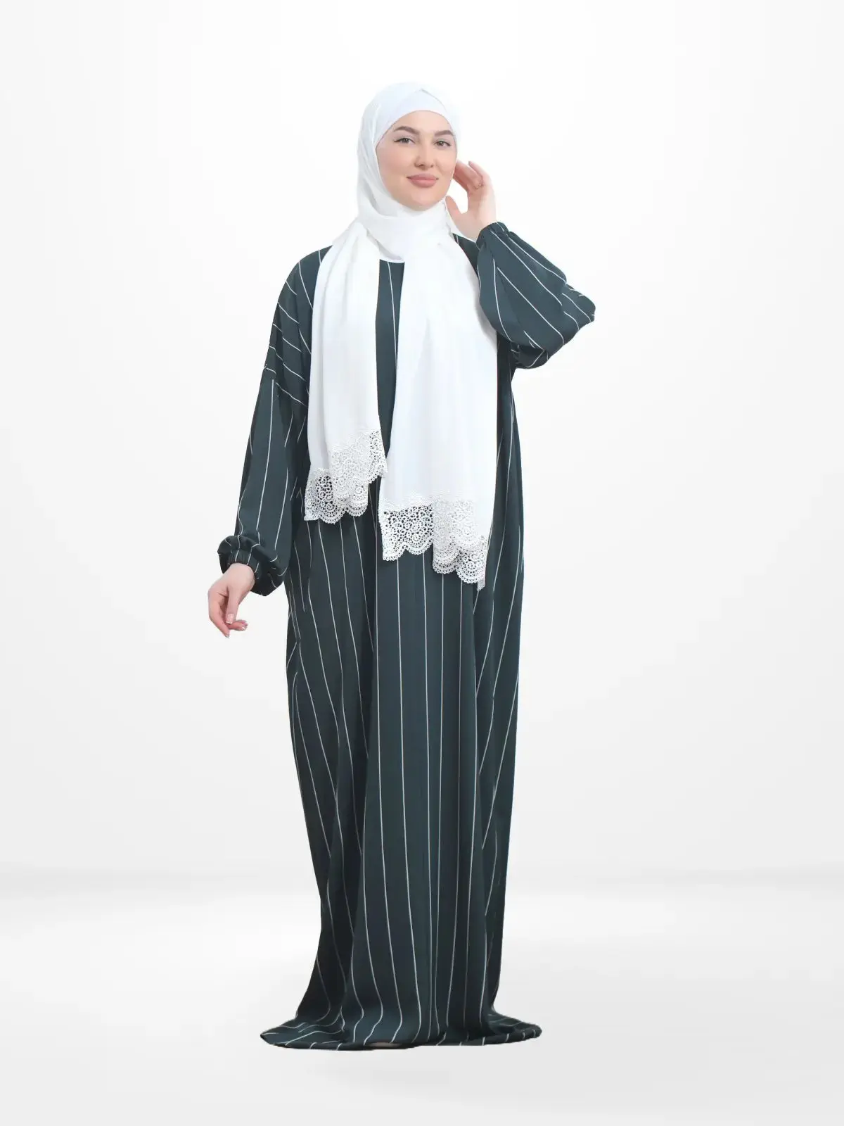 One-Piece Prayer Set Dress & Abaya with attached Hijab - Striped Crepe With White Scarf daily wear
