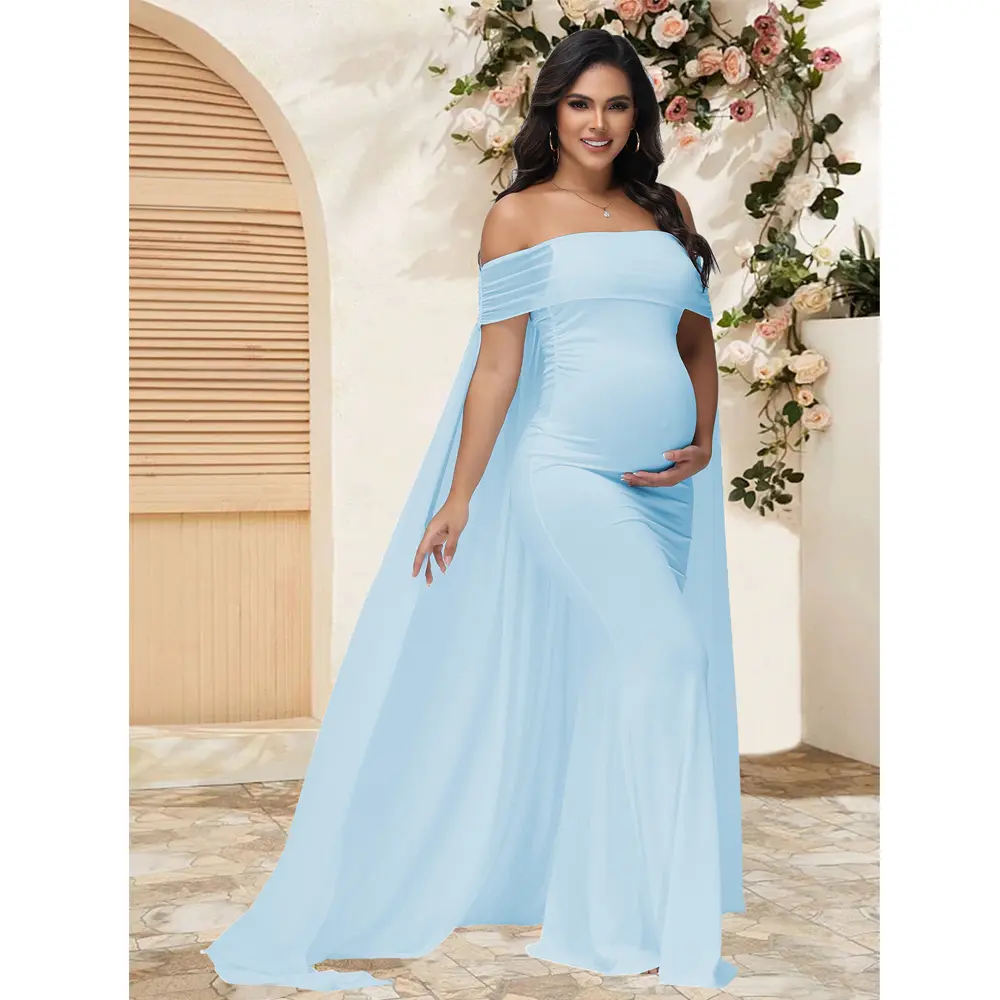 Maternity Elegant Off Shoulder Maxi Dress With Chiffon Cloak for Baby  Shower Photoshoot Pregnancy Bodycon Gown