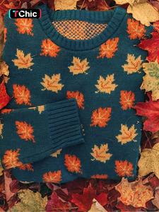 women's leaf jacquard round neck sweater, casual long sleeve crew neck knit top for fall & winter, fashion ladies' knitwear for daily wear