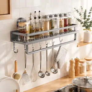 Wall Mounted Spice Rack, 1 Piece Kitchen Seasoning Rack With Utensil Hook & Dishcloth Rack, Bathroom Toiletry Storage Rack, Kitchen Accessories, Bathroom Accessories