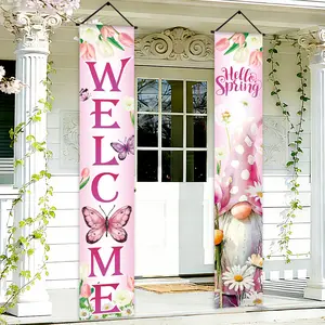 2D Flat, 2D Flat Banners, 1 Pair, Spring-Themed Front Door Porch Sign Party Banners, Welcome Spring, Pink Background with Colorful Flowers And Pink Goblin Design,, Suitable for Spring Parties, Home, Indoor& Outdoor Celebration Hanging Decorations, 2D