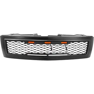 , Grille Compatible With 2007-2013 Chevrolet Silverado 1500, Front Bumper Hood Mesh Grill with Amber Signal Light Matte Black, 2008 2009 2010 2011 2012