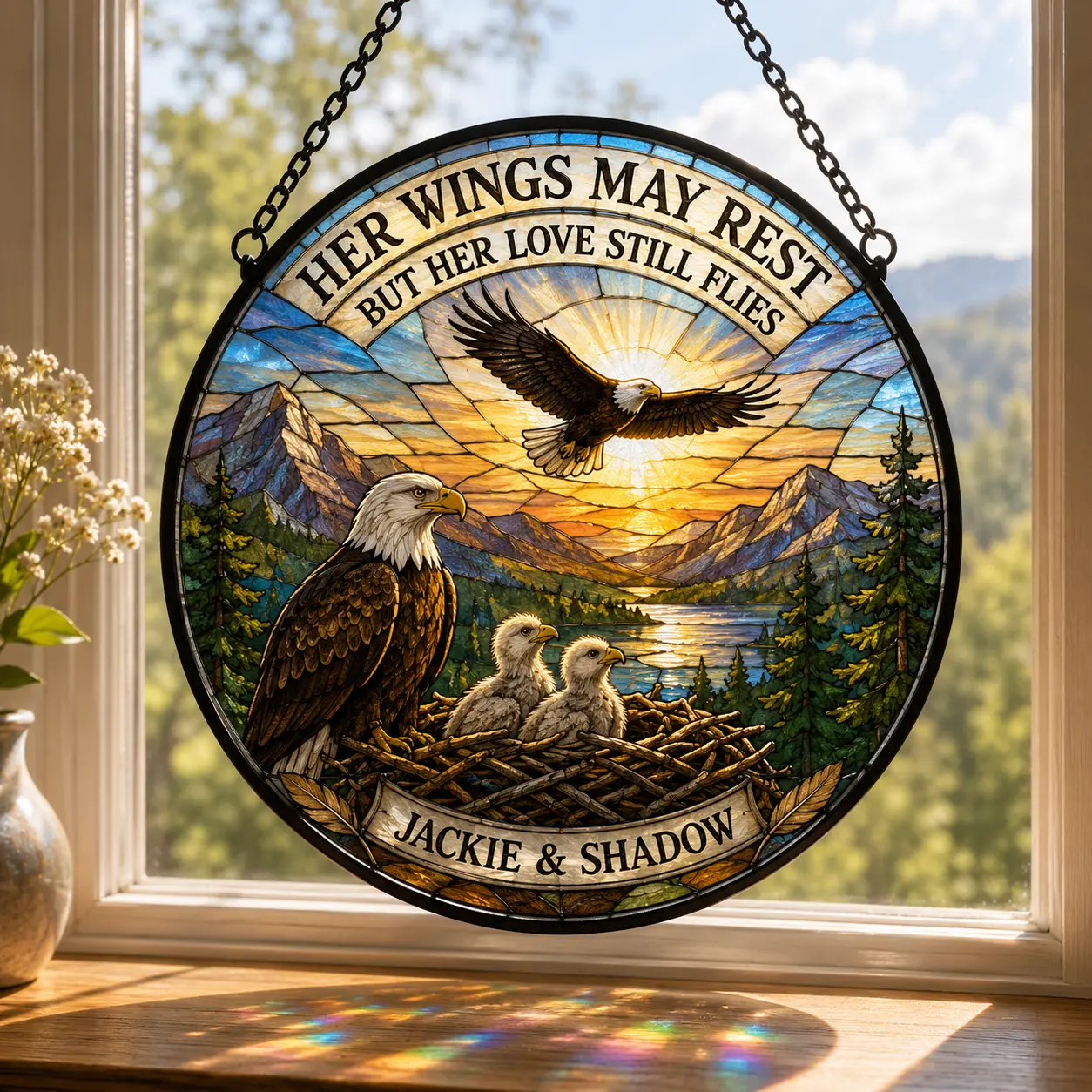 Jackie & Shadow Memorial Suncatcher, Her Wings May Rest But Her Love Still Flies, Big Bear Bald Eagle Tribute Window Hanging