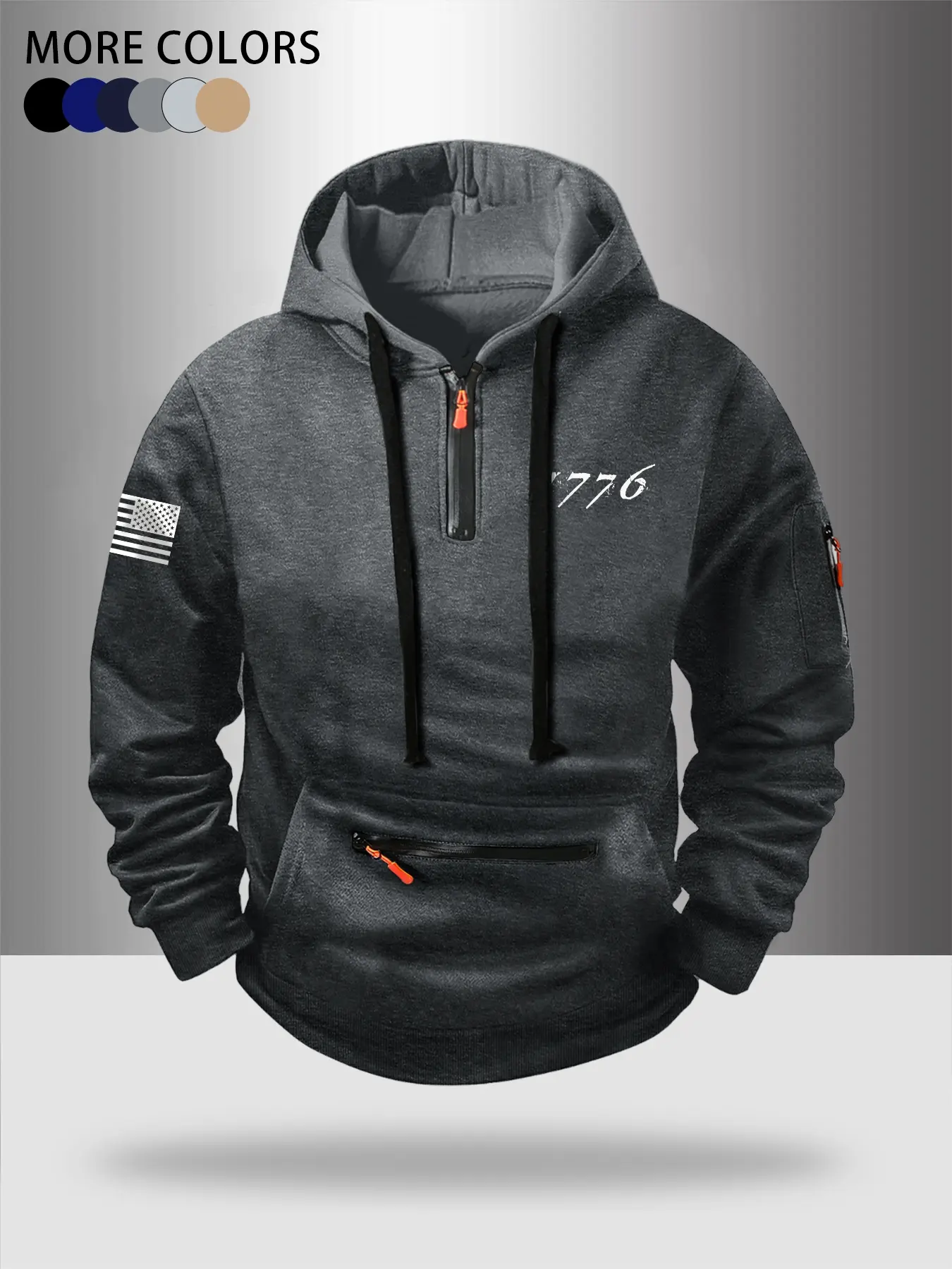 Autumn Winter Thick Zipper Hoodie, Casual Fashion Flag Print Design, Comfortable Outdoor Sports Wear for Daily Use, Letter Graphic Hoodie, Casual Sportswear