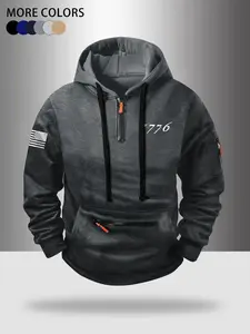 Autumn Winter Thick Zipper Hoodie, Casual Fashion Flag Print Design, Comfortable Outdoor Sports Wear for Daily Use