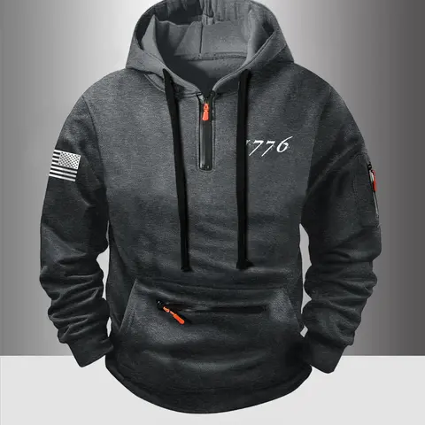 Autumn Winter Thick Zipper Hoodie, Casual Fashion Flag Print Design, Comfortable Outdoor Sports Wear for Daily Use, Letter Graphic Hoodie, Casual Sportswear, Casual Sporty Design