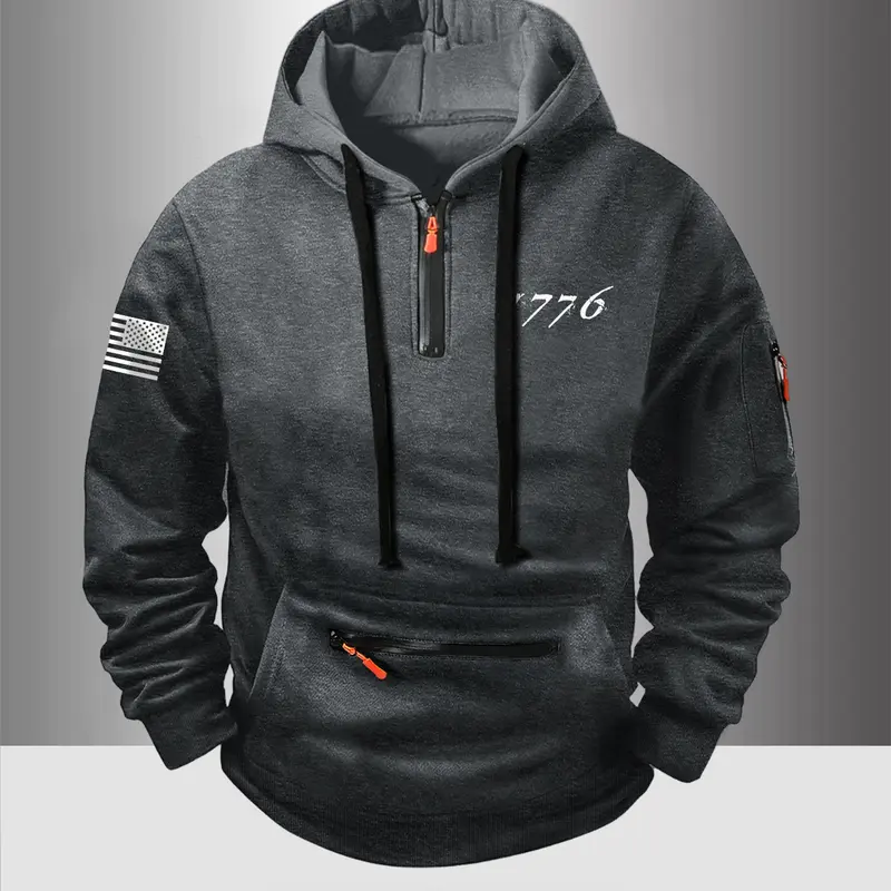 Autumn Winter Thick Zipper Hoodie, Casual Fashion Flag Print Design, Comfortable Outdoor Sports Wear for Daily Use, Letter Graphic Hoodie, Casual Sportswear, Casual Sporty Design