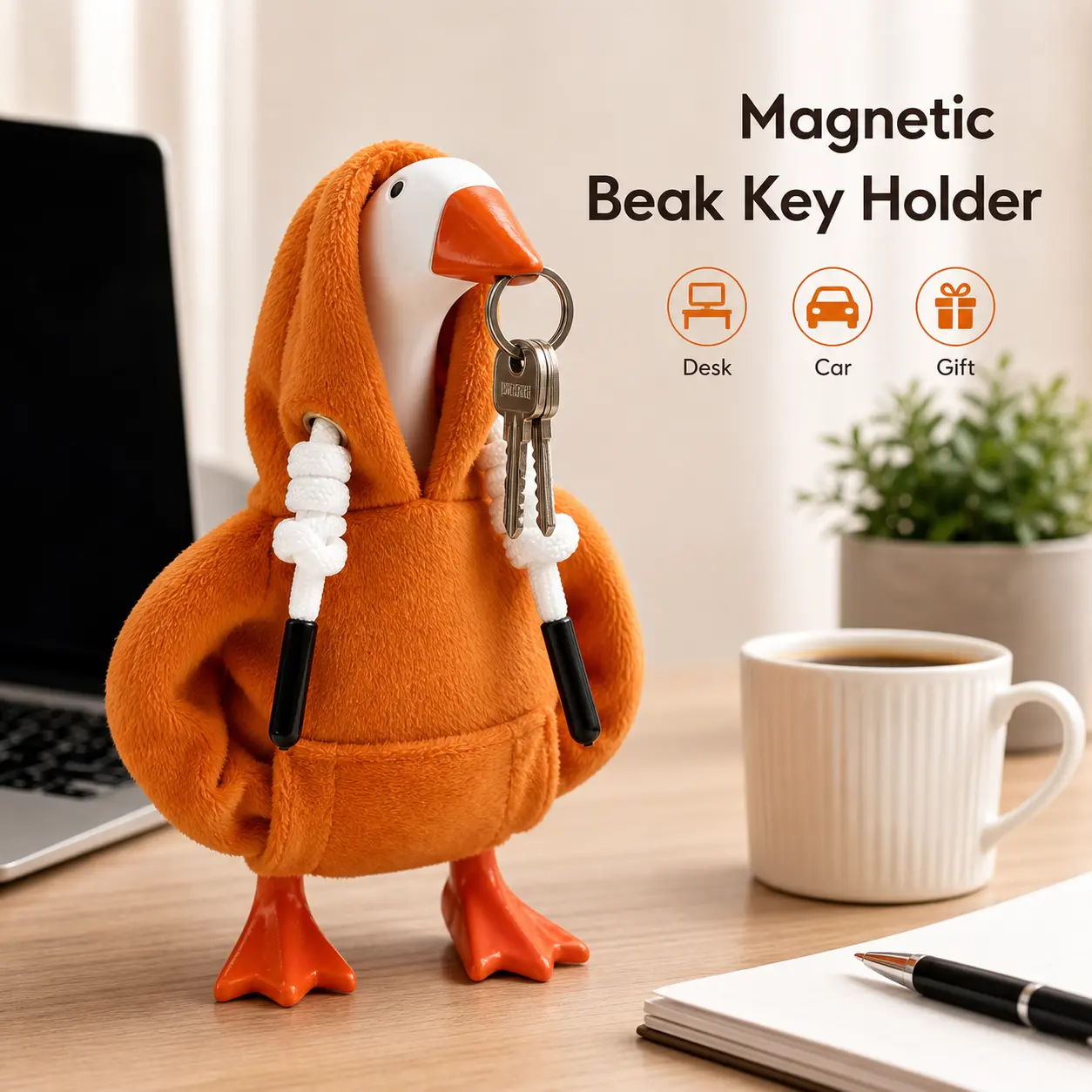 Funny Desk Goose Statue, 7-Inch Resin Figurine with Magnetic Beak for Keys, Notes, Clips and Lightweight Metal Accessories, Cute Office Desk Decor for Home Workspace, Bedroom Shelf, Entryway, College Dorm, Bookshelf and Birthday Gift for Women