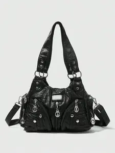 Grunge Punk New Punk Rock Chic Ladies Shoulder Tote Bag - Darkcore Motorcycle Handbag for Women, Black Leather with Silver Studs & Multi-Zip Pockets, New Fashionable Big Bags for Women