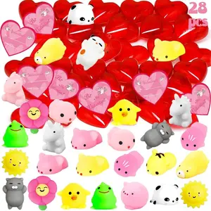 28 Packs Valentine Squishies Mochi in Hearts with Cards, Cute Mochi Squeezes Valentines Day Gifts Squishies Toys for Kids Classroom Exchange Prize Supplies