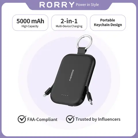 RORRY 5000/10000mAh Fast Charging Universal Power Bank - 2 Built-in Cables, Mini Keychain Portable Charger for iPhone & Android Mobile Devices, 5000mAh Black, Back to School, Device, Compact, Portable Battery Pack techvibes