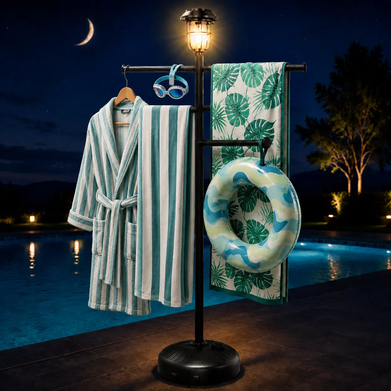 【Summer Vibes】Modern Freestanding Outdoor Pool Towel Rack with Solar Light, Adjustable Bars, Heavy Duty Construction, Wheels, Weighted Base, Keeps Towels Clean, Organized Poolside for Patio, Hot Tub, Swimsuits, Floats & Accessories Easy To Move, Freestand