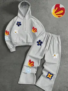 Men's Floral Embroidery Sweatshirt Set with Long Pants, Fashion Comfortable, Must-Have Trendy Style 2026, Fall & Winter