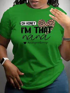 [Plus Size] Leopard Heart & Letter Print Round Neck Tee, Fashion Casual Crew Neck Short Sleeve T-shirt for Daily Outdoor Wear, Women Plus Clothing for All Seasons, Womenswear