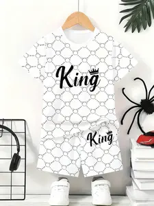 Boys Fashion Print Casual Set, Hooded Tee and Shorts Combo, Short Sleeve, Outdoor Wear, Comfortable Polyester Fiber