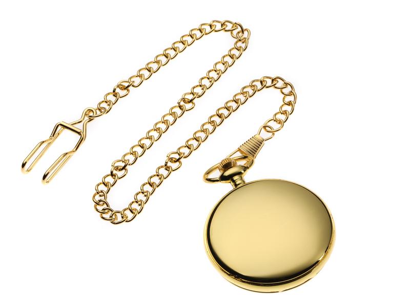 Smooth Vintage Pocket Watch with Chain, Gold