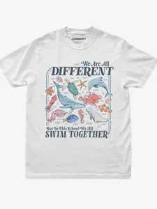 Unisex "We Are All Different But In This School We All Swim Together" T-Shirt - 220gsm Pure Cotton Retro Ocean Animal Inclusion Diversity Message Tee for School Teams, Swim Clubs & Community Events - Short-Sleeve Round Neck Casual