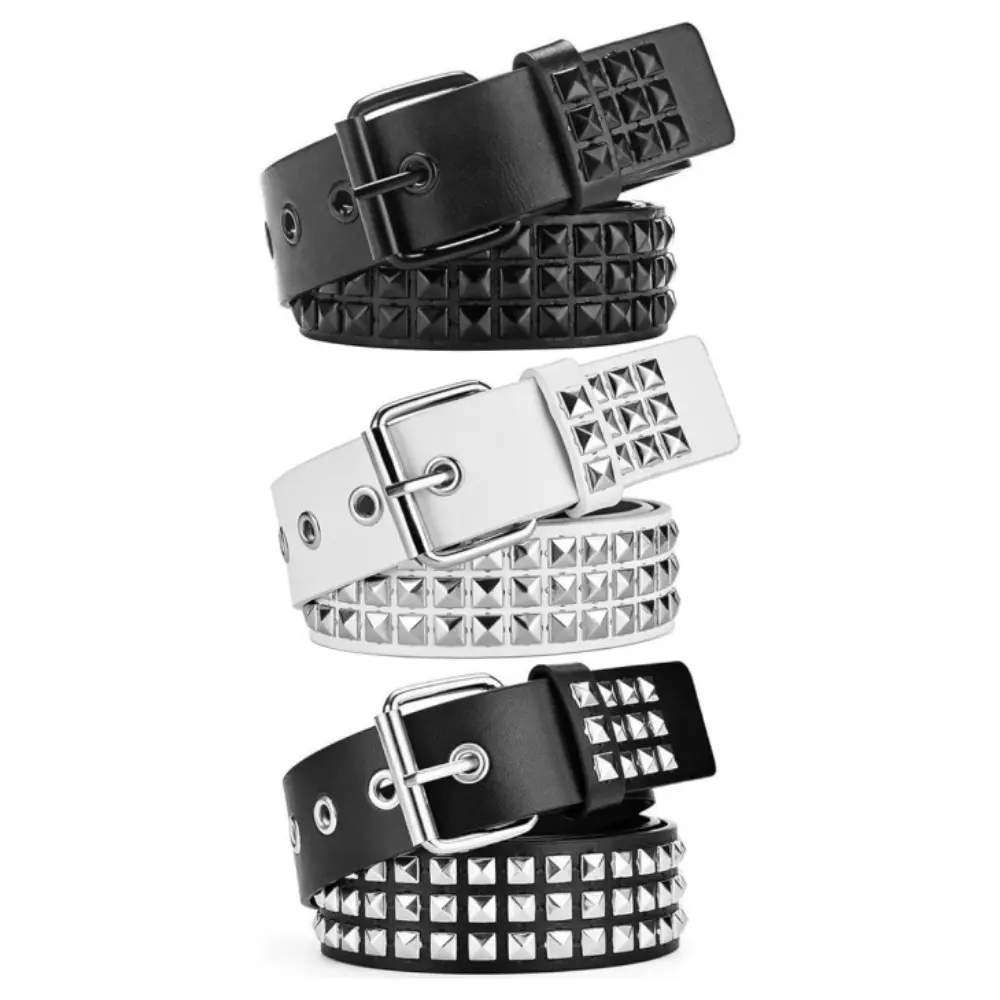 3 Packs Y2K Belt Goth Emo Punk Rock with Grommet Bright Metal Pyramid, White Black Studded Belt for Women Men