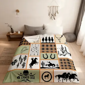 Western Cowboy Kids Fitted Sheet Twin Size,Horseshoes Cactus Arrows Plaids Patchwork Bedding Set,Boys Girls Adults Room Decor,Rustic Farmhouse Bed Cover,Country Bed Sheet,1 Pillowcase