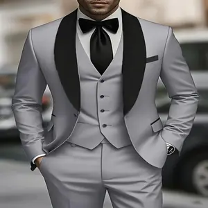 Three piece Men's suit slim fit tailcoat elegant solid color shawl lapel single button sports jacket vest long pants set suitable for casual wear