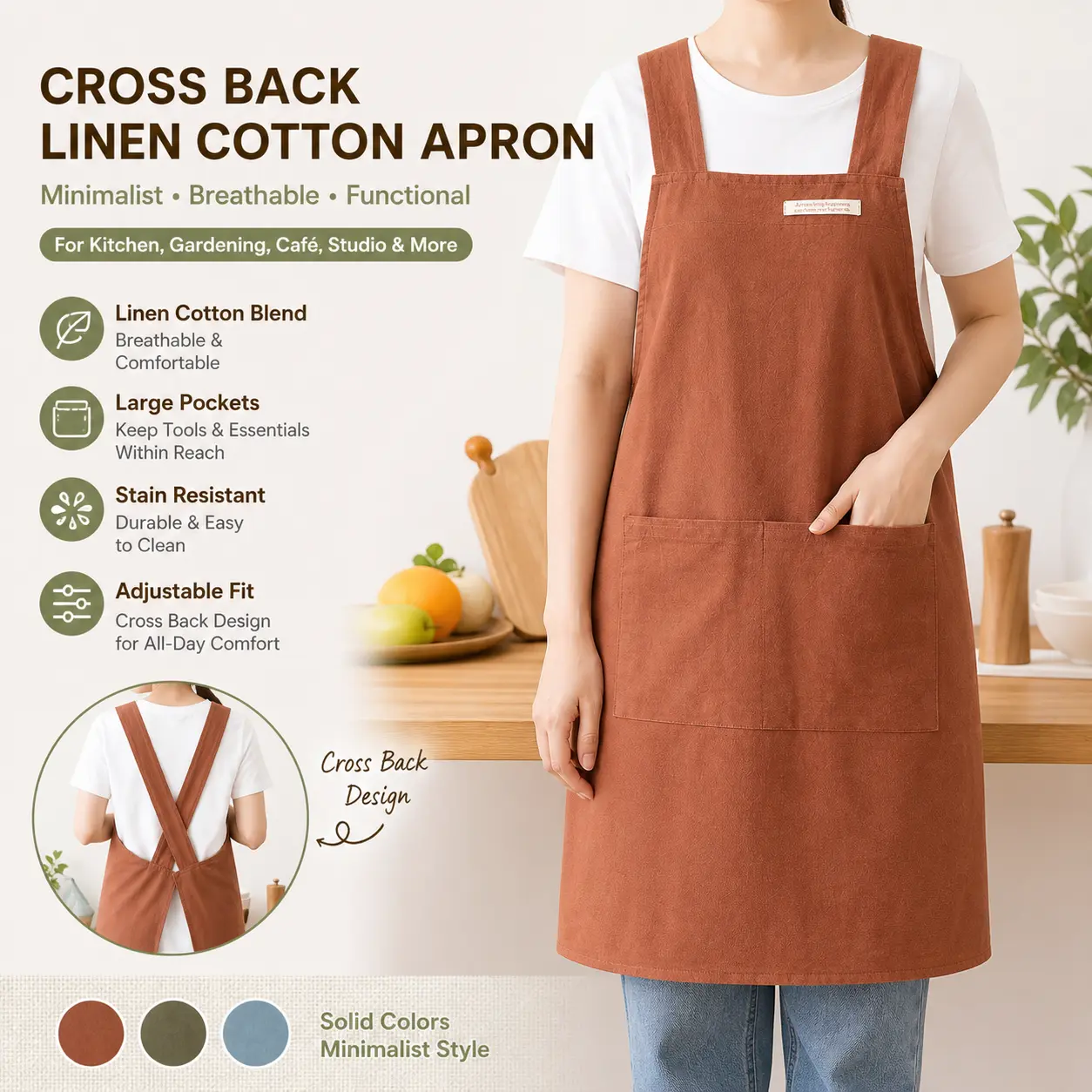 Cross Back Linen Cotton Apron For Women Men,solid Color Minimalist Breathable Artist Painting Apron With Large Pockets,adjustable Stain Resistant Kitchen Cooking Gardening Café Work Apron