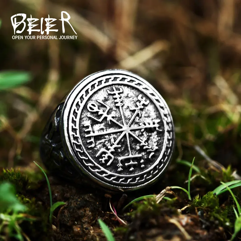 New Viking Symbol Compass Titanium Steel Ring European and American Retro Stacked Triangle Double Axe Titanium Steel Ring