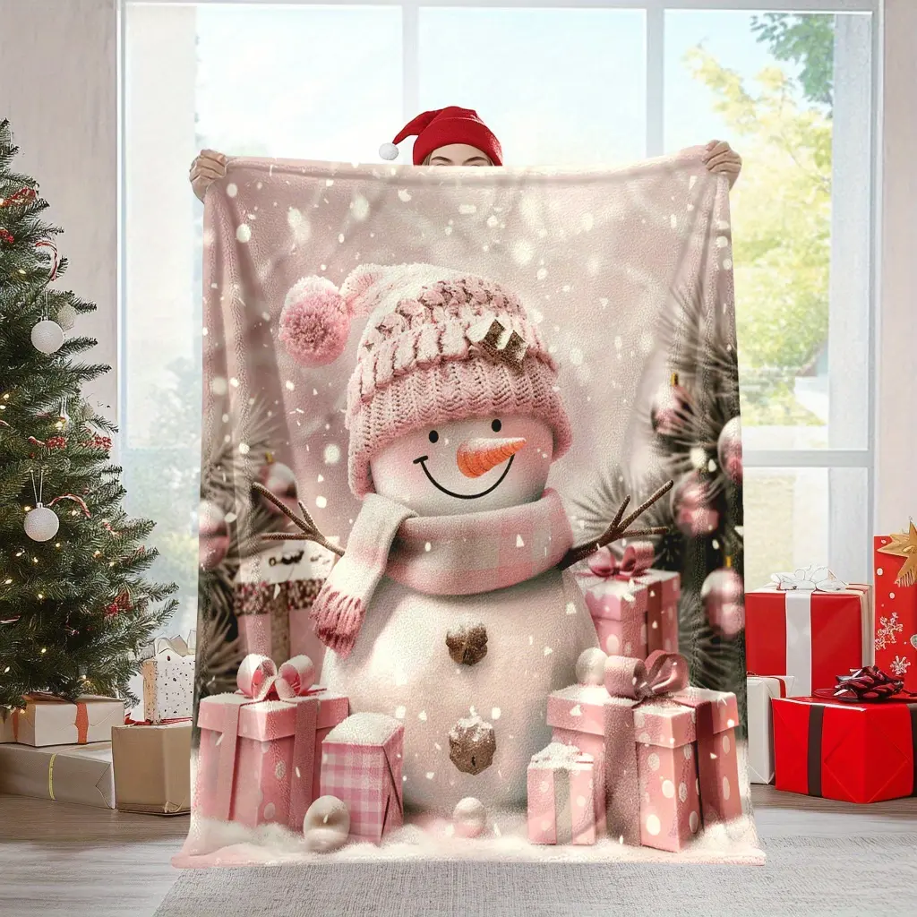 Fashion Pink Snowman Christmas Gift Printed Flannel Blanket - All Year Mixed Color Knitted Polyester Multi-Purpose Blanket - Machine Washable, Suitable for Napping, Camping, Travel, Office, Home Decoration - Gift Choice Suitable for All Seasons!