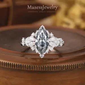 Vintage Marquise Gray Moissanite Engagement Ring in 18k White Gold with Diamond-Look Moissanite Leaf Cluster, Handmade Art Deco Cluster, Personalized Bridal Band for Adults