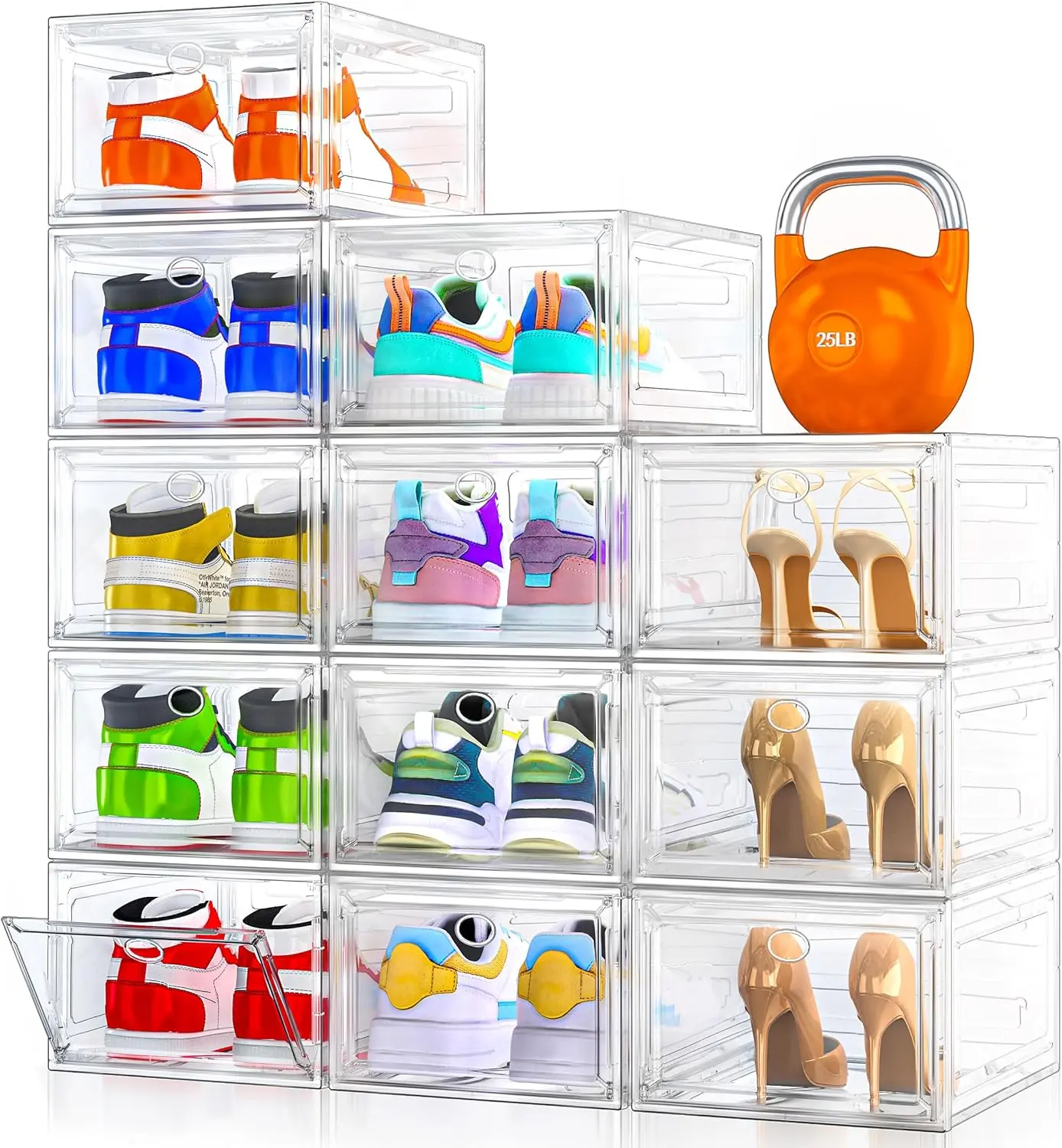 6 Pack Clear Shoe Storage Organizer with Magnetic Door,Stackable Plastic Shoe Boxes for Sneakers,Boots,and Heels,Space-Saving Foldable Shoe Rack for Closet,Durable Shoe Cabinet Organizer,White
