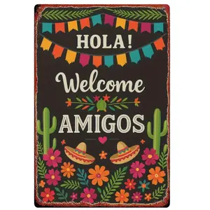 1 2D plane Mexican welcome sign | Retro "Hola! Welcome Amigos" iron wall decoration, featuring a Mexican straw hat, rustic iron decoration, suitable for homes, bars, restaurants, cafes - Spanish carnival party decoration - No wiring required - 8x12 inches