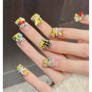 , Reusable Handmade False Nails With Cherry Design, Rhinestone Accents, Cross & Star Embellishments, Vibrant Colors, Suitable For Summer, Daily Wear, Parties, Festivals, Great Gift For Women & Girls