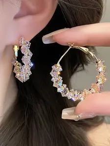 Elegant Zircon Crystal Earrings for Women, Rhinestone C-Shaped Hoop Studs, Fashionable Party Jewelry Accessories