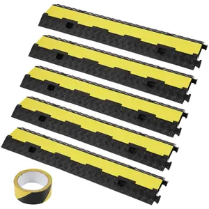 VEVOR 5-Piece Rubber Cable Guard, Dual Channel, 12000 lbs per Axle Load Capacity, Durable Hose & Wire Protection Ramp for Driveways, with Easy Access Top & 50 ft Caution Tape for Both Indoor & Outd