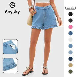 Aoysky Womens Summer Ruffle Denim Shorts Cute High Waisted Cotton Short Jeans with Pockets