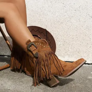 Fashionable Women's Mid-Calf Western Cowboy Boots, Tassel and Studded Details, Pointed Toe Chunky Heel - Slip-On Casual Style Girl Walking Shoes Leather Footwear