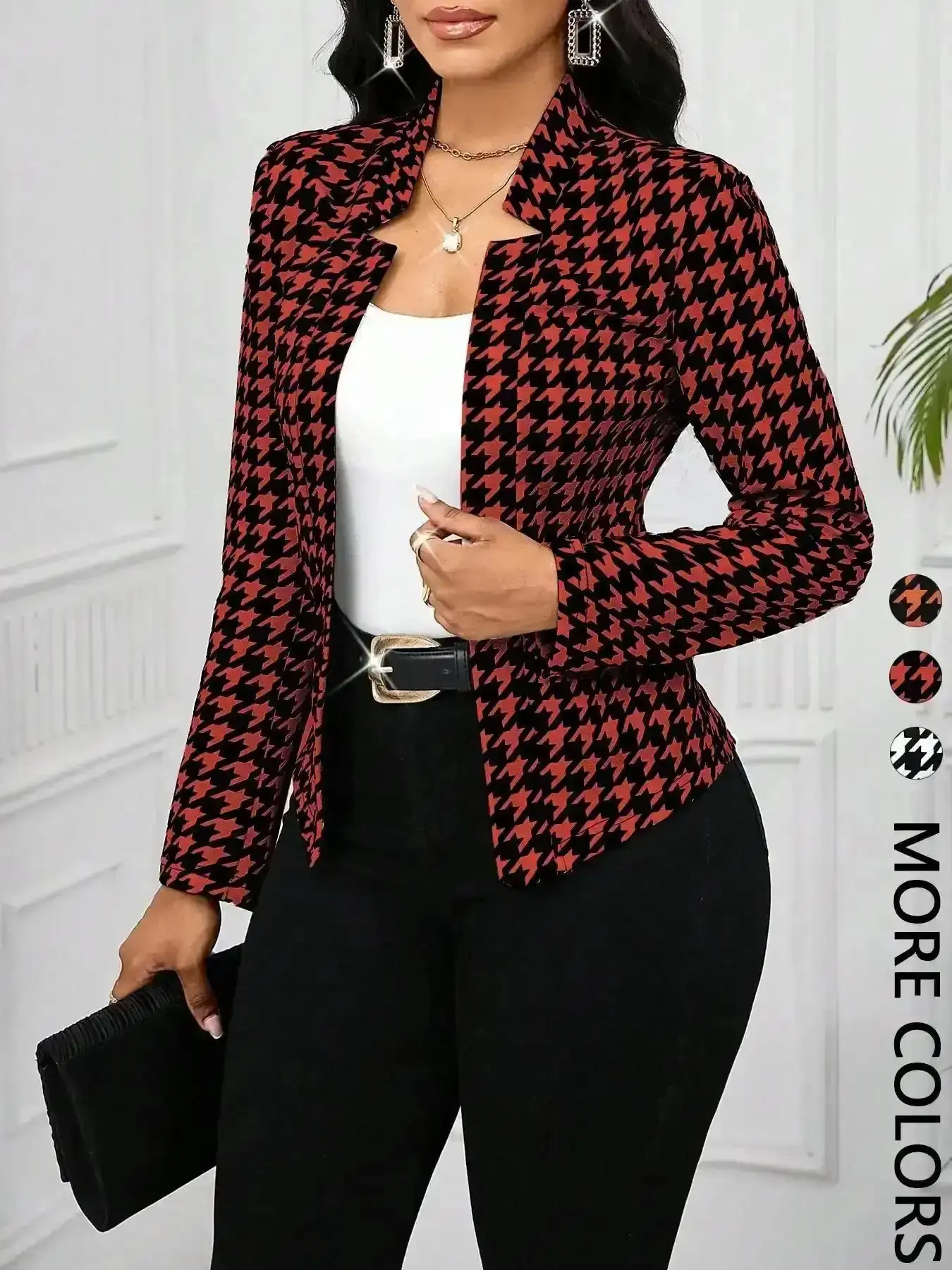 Chic Women's Fall & Winter Houndstooth Plaid Print Jacket Coats, Casual Fitted Sporty Open Front Design Chic Elegant Style Outerwear, Medium-Weight Fabric, Ladies Fashion Apparel, Versatile, Trendy, New In