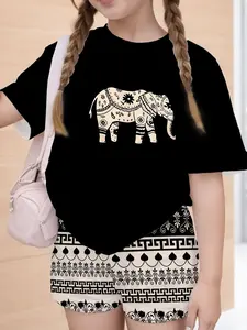 Girls' Casual Elephant Pattern Printed Set, Graphic Print Set, Ethnic Style Shorts, Summer Wear, Summer Clothes Set, Fitted Suit, All Seasons, No Ca Prop 65