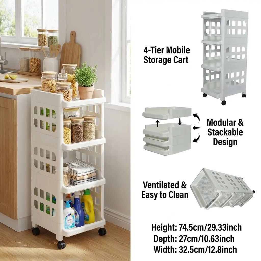 Square Four-Tier Assembly Rolling Storage Rack, Mobile Display Shelf ...