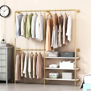 Industrial Pipe Clothing Rack Gold with Shelves Wall Mounted Heavy Duty Closet Organizers Wardrobe Multi-Purpose Storage Clothes Hanging Shelf 70.8L Gold