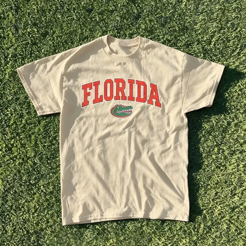 Men's Florida Alligator Print Retro Tropical T-Shirt, Street Style Round Neck Top, Breathable Fabric, Loose Fit, Casual Streetwear, Casual Summer Tops, Streetwear Graphic Tees, Ideal for Daily Wear & Campus Fashion