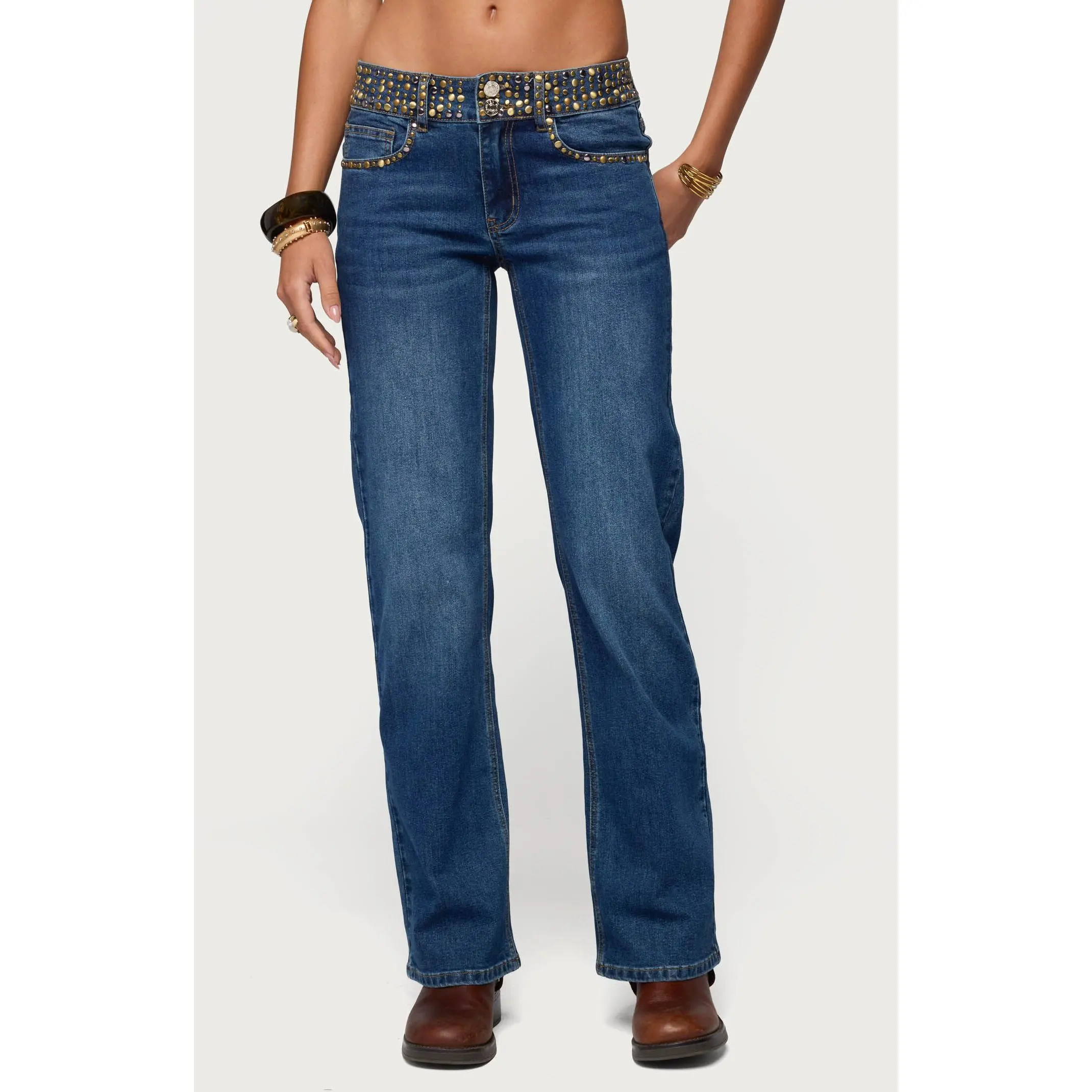 Edikted Women's Studded Low Rise Straight Jeans